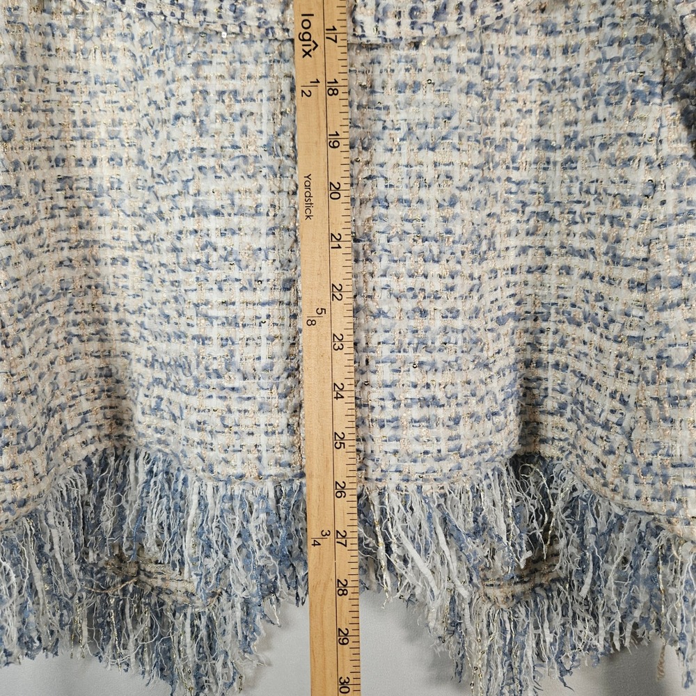 Balmain Tweed Jacket Womens M Blue Fringed Sequin Glam Designer Belt Luxury Boho - Picture 7 of 16